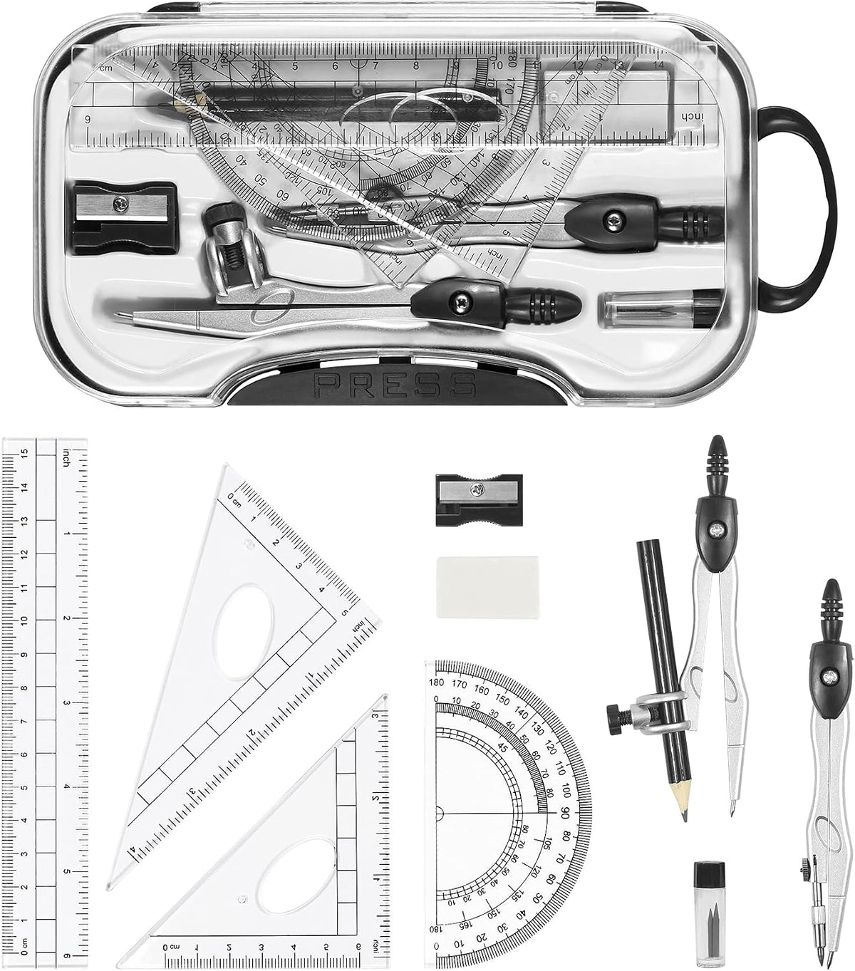Vobou 10 pcs Math Geometry Set Student Supplies,Compass Kit Set (Black）