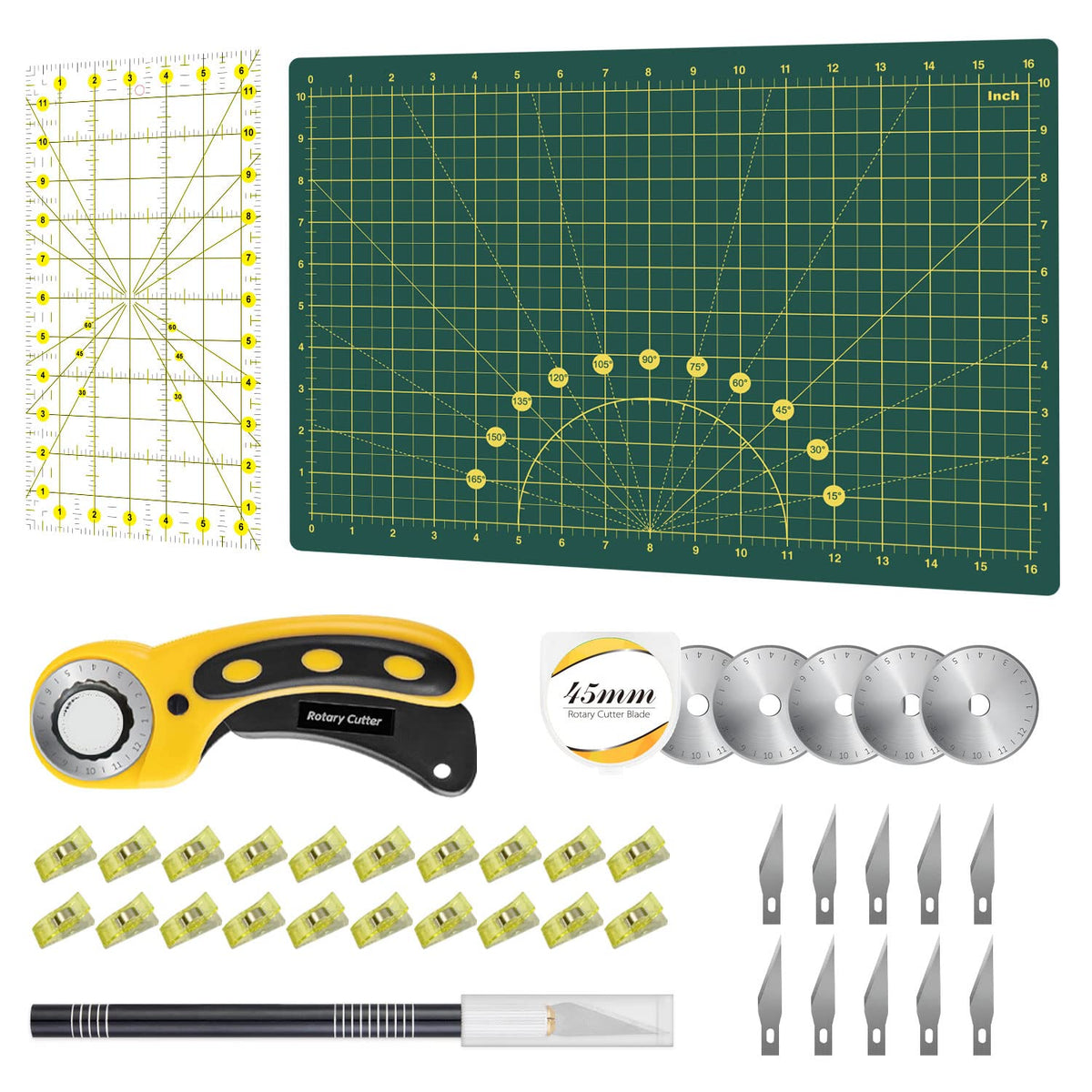 Headley Tools Rotary Cutter Set - 45mm Fabric Cutter, 5 Extra Rotary Blades, A3 Cutting Mat, Quilting Ruler and Sewing Clips, Craft Knife Set, Ideal for Crafting, Sewing, Patchworking, Purple