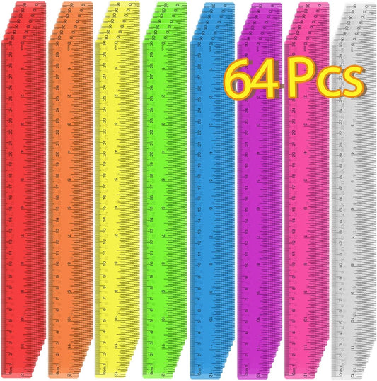 64 Pack Plastic Ruler 12 Inch in Bulk, Plastic Rulers in Assorted Colors, Clear Ruler with Inches and Centimeters, Transparent Rulers Bulk for Kids Back to School, Classroom, Office, Home Supplies