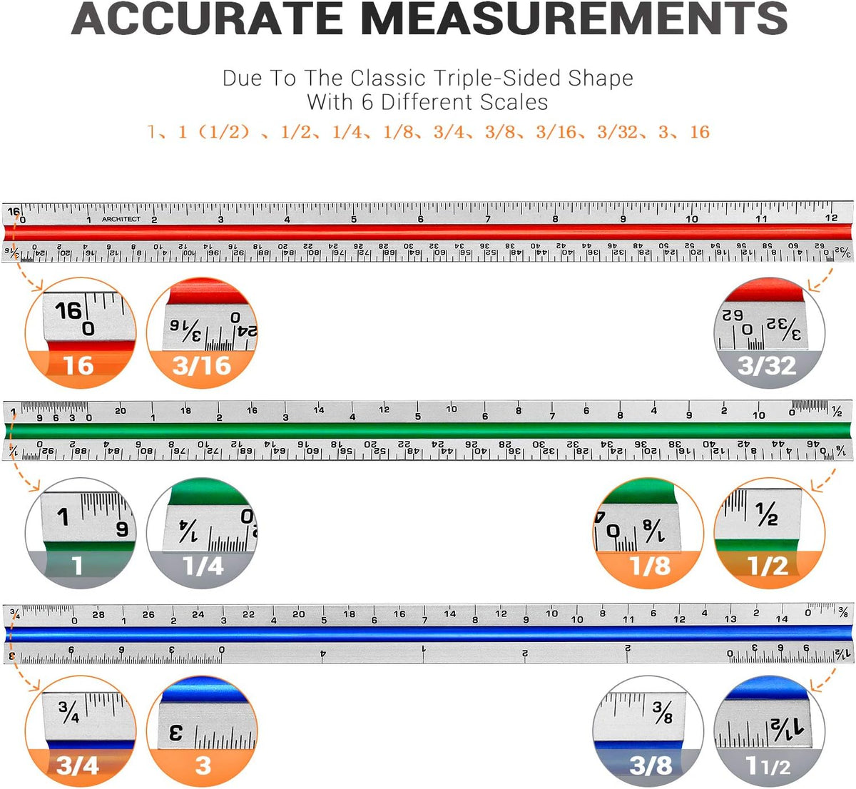 1 Pack 12" Architectural Scale Ruler Triangular Ruler, Color-Coded