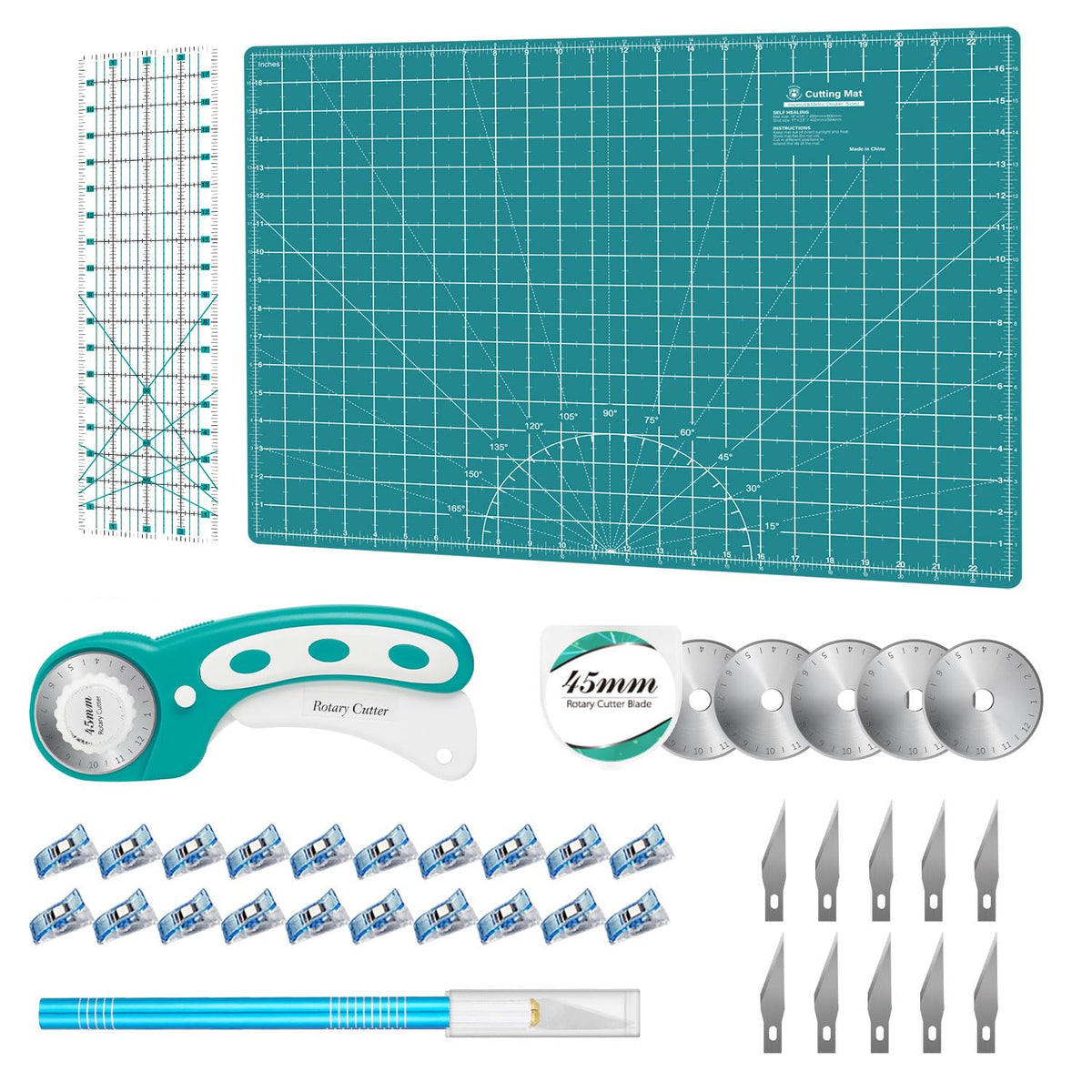Headley Tools Rotary Cutter Set - 45mm Fabric Cutter, 5 Extra Rotary Blades, A3 Cutting Mat, Quilting Ruler and Sewing Clips, Craft Knife Set, Ideal for Crafting, Sewing, Patchworking, Purple