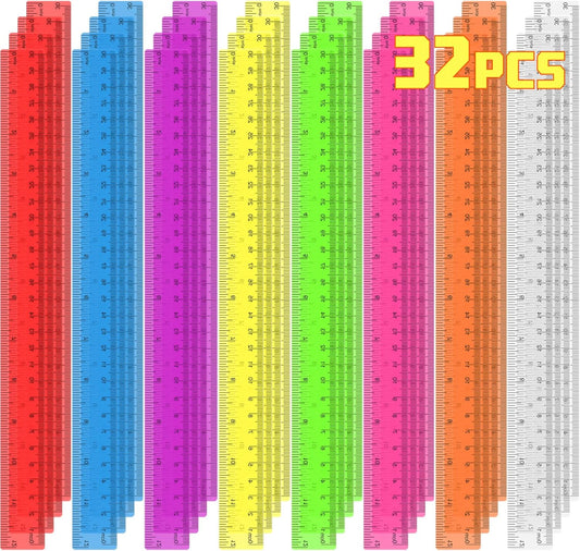 32 Pack Clear Plastic Rulers 12 Inch, Rulers Bulk for Classroom, Transparent Assorted Color Rulers with Inches & Centimeters, School Supplies for Students & Teachers, Back to School Essentials