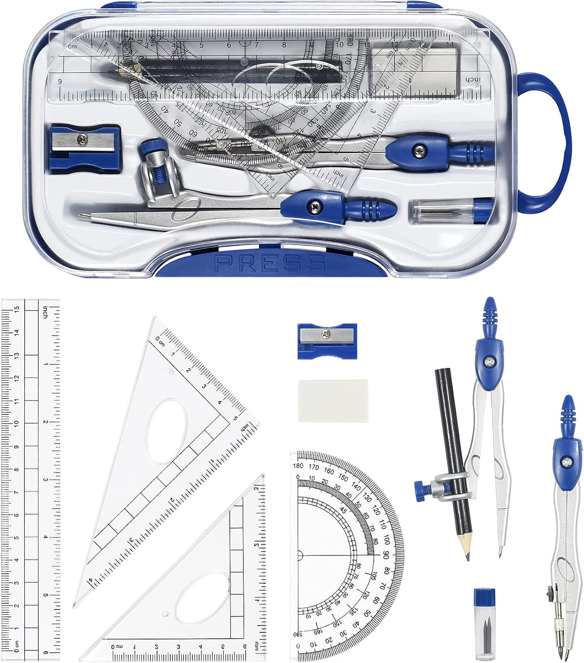 Unjoo Geometry Set 10 Pcs Student Supplies,Protractor and Compass,Navy Blue