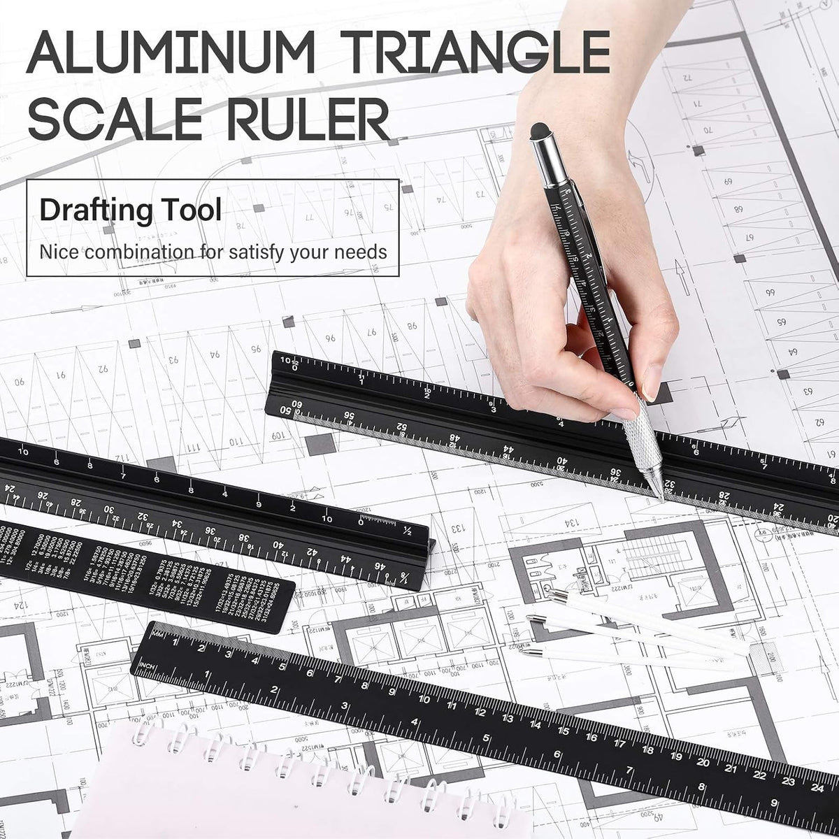 Weewooday 10 Pieces 12 Inch Architectural Scale Ruler Aluminum Triangular Engineering Ruler Scale with 6 in 1 Multitool Pen Ballpoint Pen for Architects, Draftsman, and Engineers