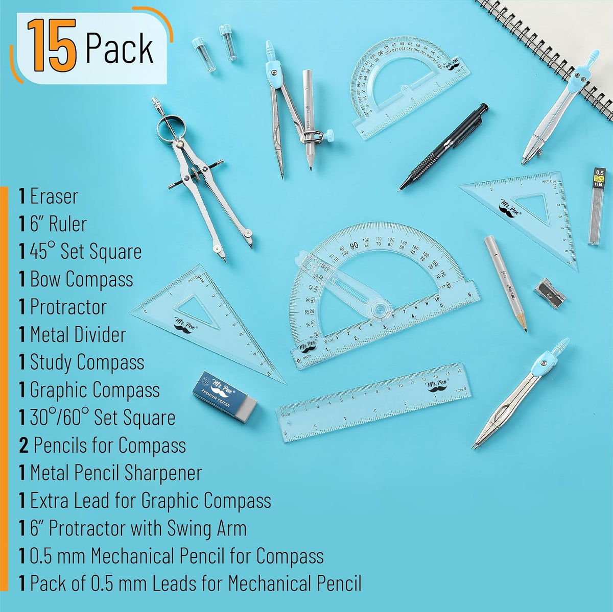 Mr. Pen- Geometry Set, 15 pcs, Light Blue, 6 Inch Swing Arm Protractor