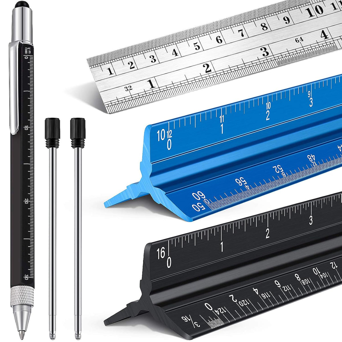 6 Pcs 12 Inch Architectural Engineering Scale Ruler Set Aluminum Triangular Drafting Tool with Metal Standard Ruler and 6 in 1 Tech Tool Pen for Architects, Draftsman and Engineers Drafting Blueprints