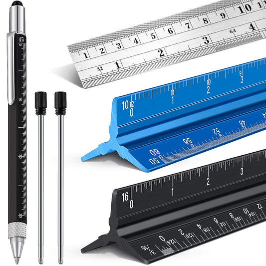 6 Pcs 12 Inch Architectural Engineering Scale Ruler Set Aluminum Triangular Drafting Tool with Metal Standard Ruler and 6 in 1 Tech Tool Pen for Architects, Draftsman and Engineers Drafting Blueprints