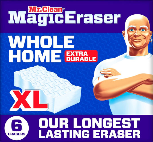 Mr. Clean Magic Eraser Sponge, All Purpose Cleaner, Long Lasting Cleaning Scrubber, Wall, Sneaker, Oven, Kitchen, Bathroom Cleaner, Shower Cleaning Supplies, Whole Home Extra Durable XL, 6ct