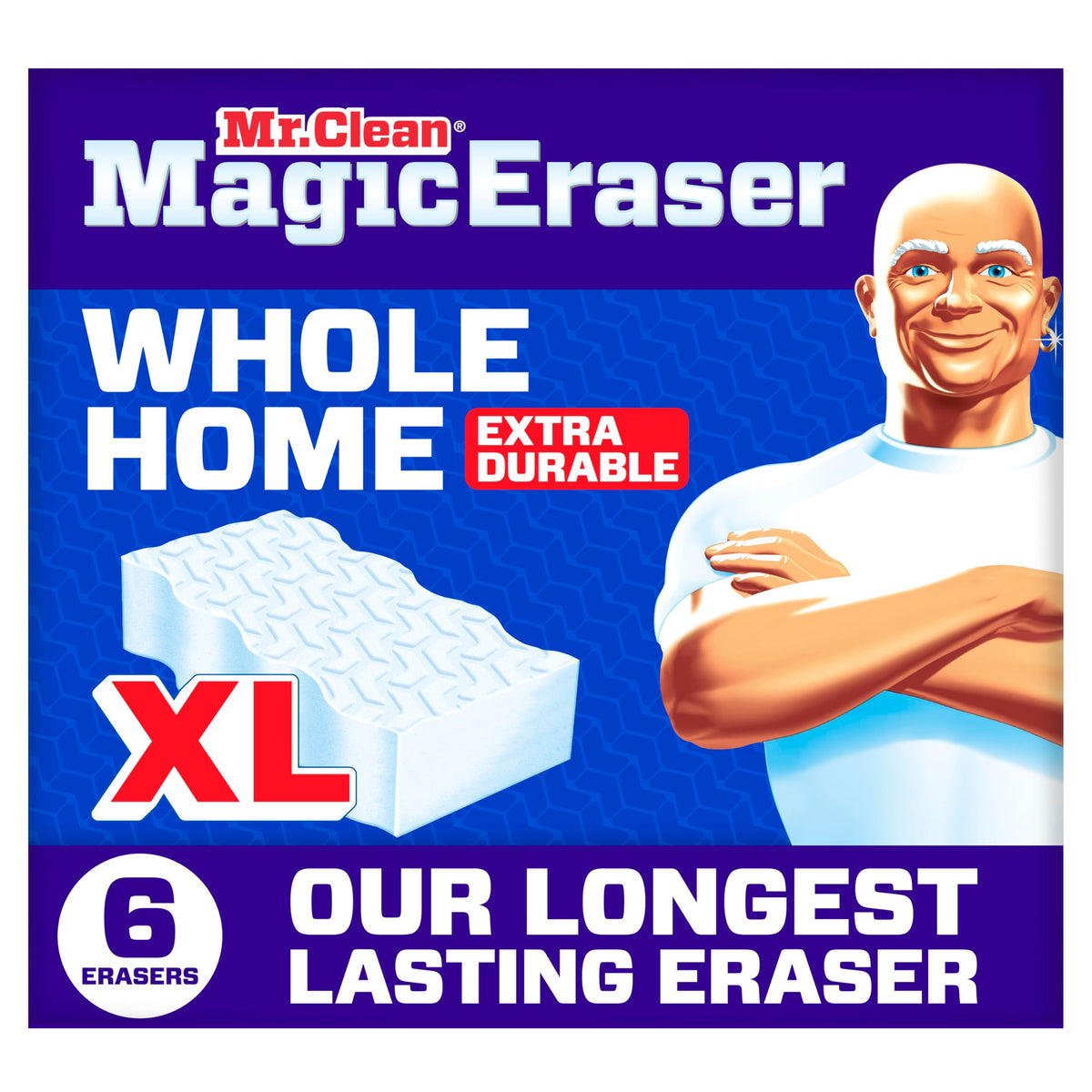 Mr. Clean Magic Eraser Sponge, All Purpose Cleaner, Long Lasting Cleaning Scrubber, Wall, Sneaker, Oven, Kitchen, Bathroom Cleaner, Shower Cleaning Supplies, Whole Home Extra Durable XL, 6ct