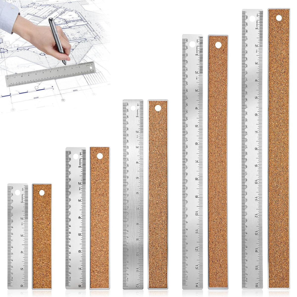 5Pcs Cork Backed Ruler Stainless Steel Metal Ruler Straight Edge Rulers