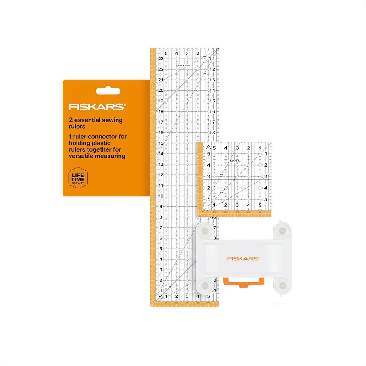 Fiskars 3-Piece Ruler & Connector Set, 6.5" x 6.5" & 6.5" x 24.5" Rulers