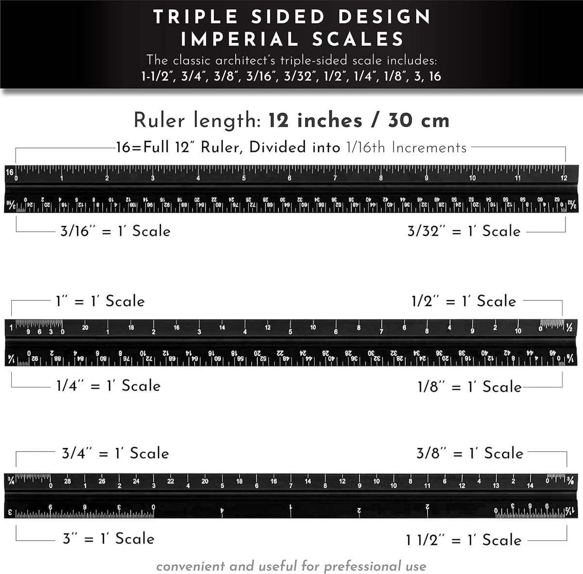 12-Inch Architectural and Engineering Scale Ruler Set (Imperial) | Laser-Etched Aluminum Triangular Drafting Tool | for Architect and Civil Engineer Blueprints | Standard Metal Ruler Included
