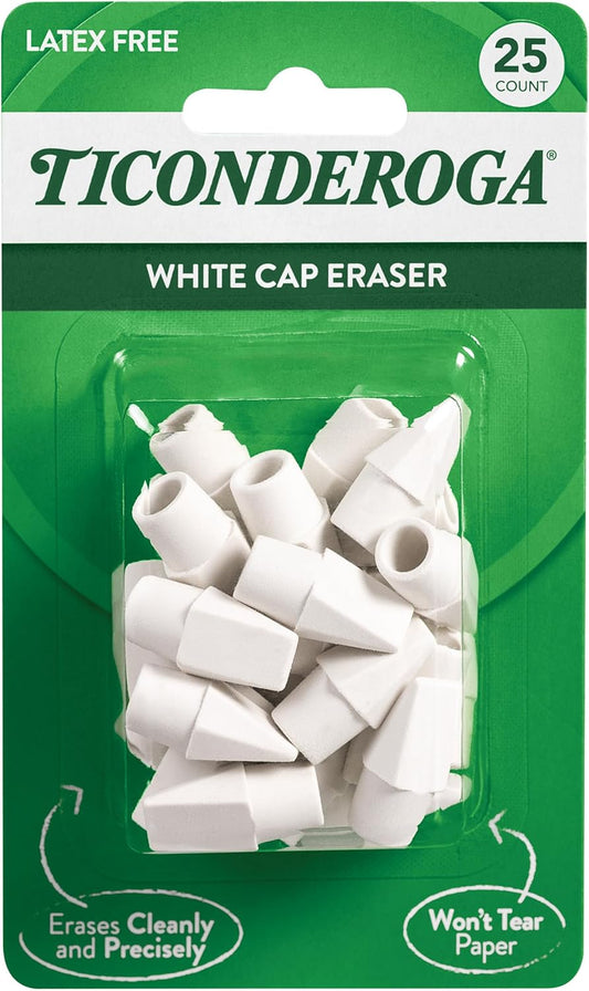 Ticonderoga Pencil Cap Erasers, White, 25 Count, 6 Packs (X38025)