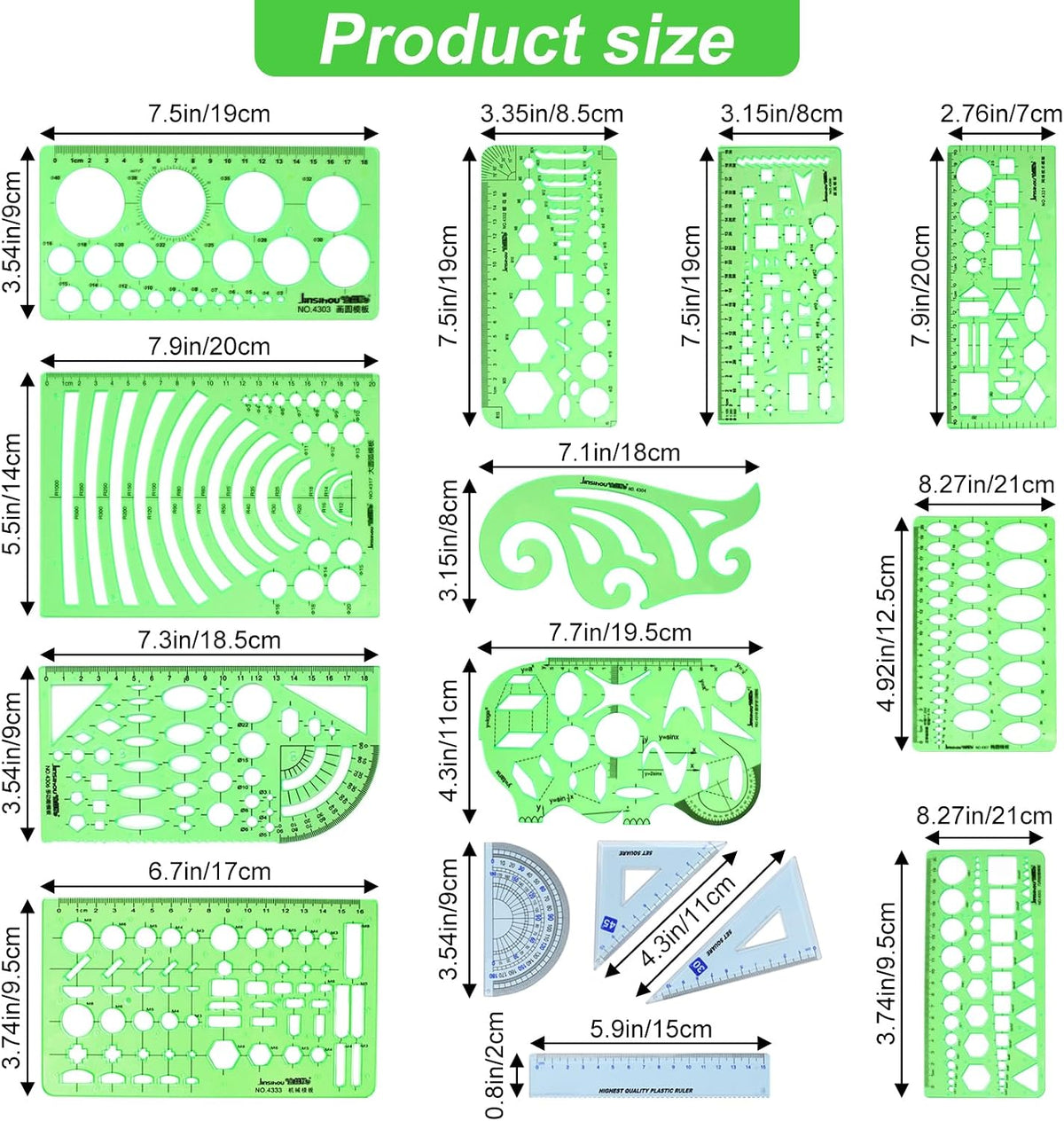 15PCS Geometric Drawings Templates,Transparent Green Plastic Ruler, Drafting Stencils Measuring Tools, Measuring Geometry Rulers for Office, Studying