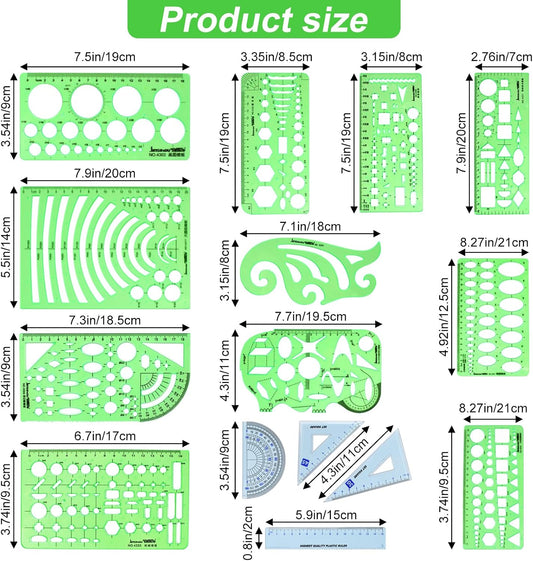 15PCS Geometric Drawings Templates,Transparent Green Plastic Ruler, Drafting Stencils Measuring Tools, Measuring Geometry Rulers for Office, Studying