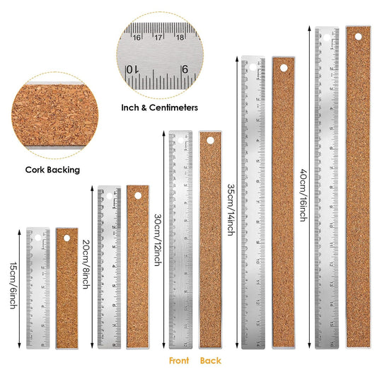 5Pcs Cork Backed Ruler Stainless Steel Metal Ruler Straight Edge Rulers