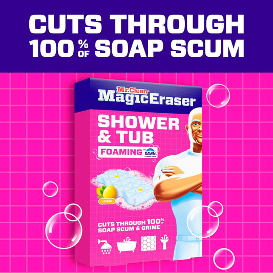 Mr. Clean Magic Eraser Sponge, Bathroom, Shower, Tub Cleaner, Soap Scum Remover, Bathroom Cleaning Supplies, Dawn Cleaning Power with Lemon Scent, Shower & Tub, 8ct