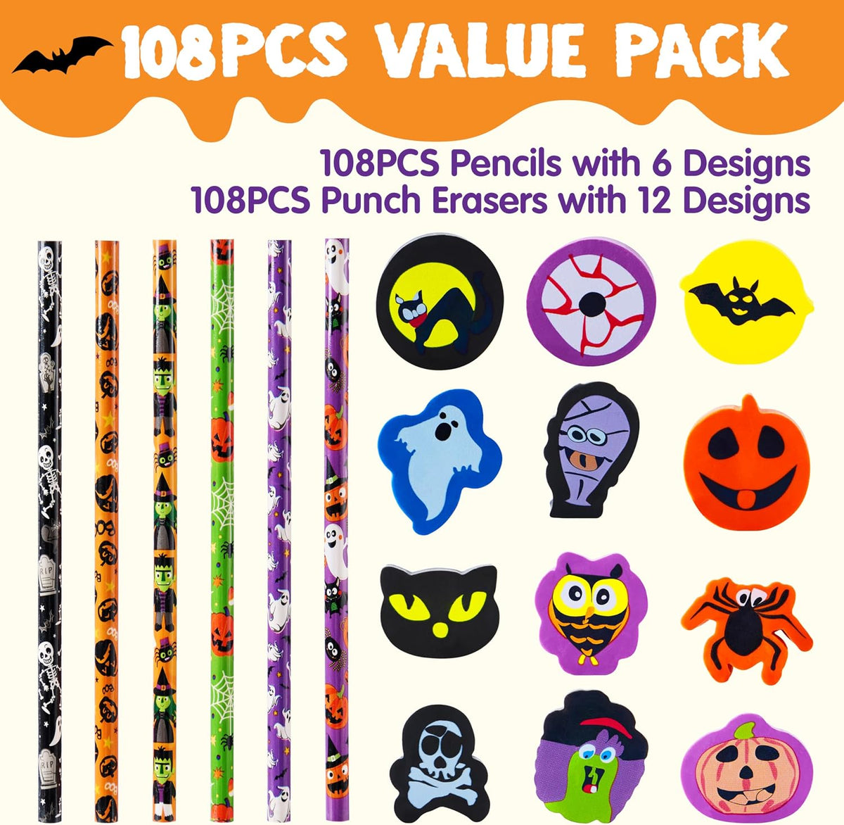 JOYIN 108PCS Halloween Pencils with Erasers Stationery Set, 108 Colorful Pencils in 6 Design, 108 Giant Erasers in 12 Style for Kid Trick or Treat, Halloween Party Favor Supplies, Classroom Prize Gift