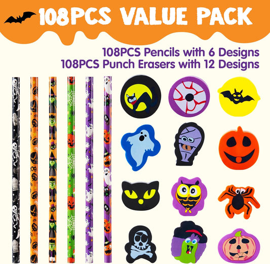 JOYIN 108PCS Halloween Pencils with Erasers Stationery Set, 108 Colorful Pencils in 6 Design, 108 Giant Erasers in 12 Style for Kid Trick or Treat, Halloween Party Favor Supplies, Classroom Prize Gift