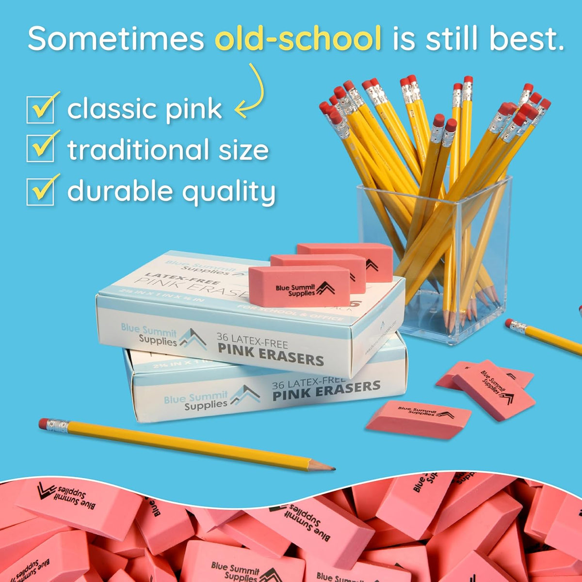 Blue Summit Supplies 100 Pack Pink Erasers, Latex Free Rubber, School Use