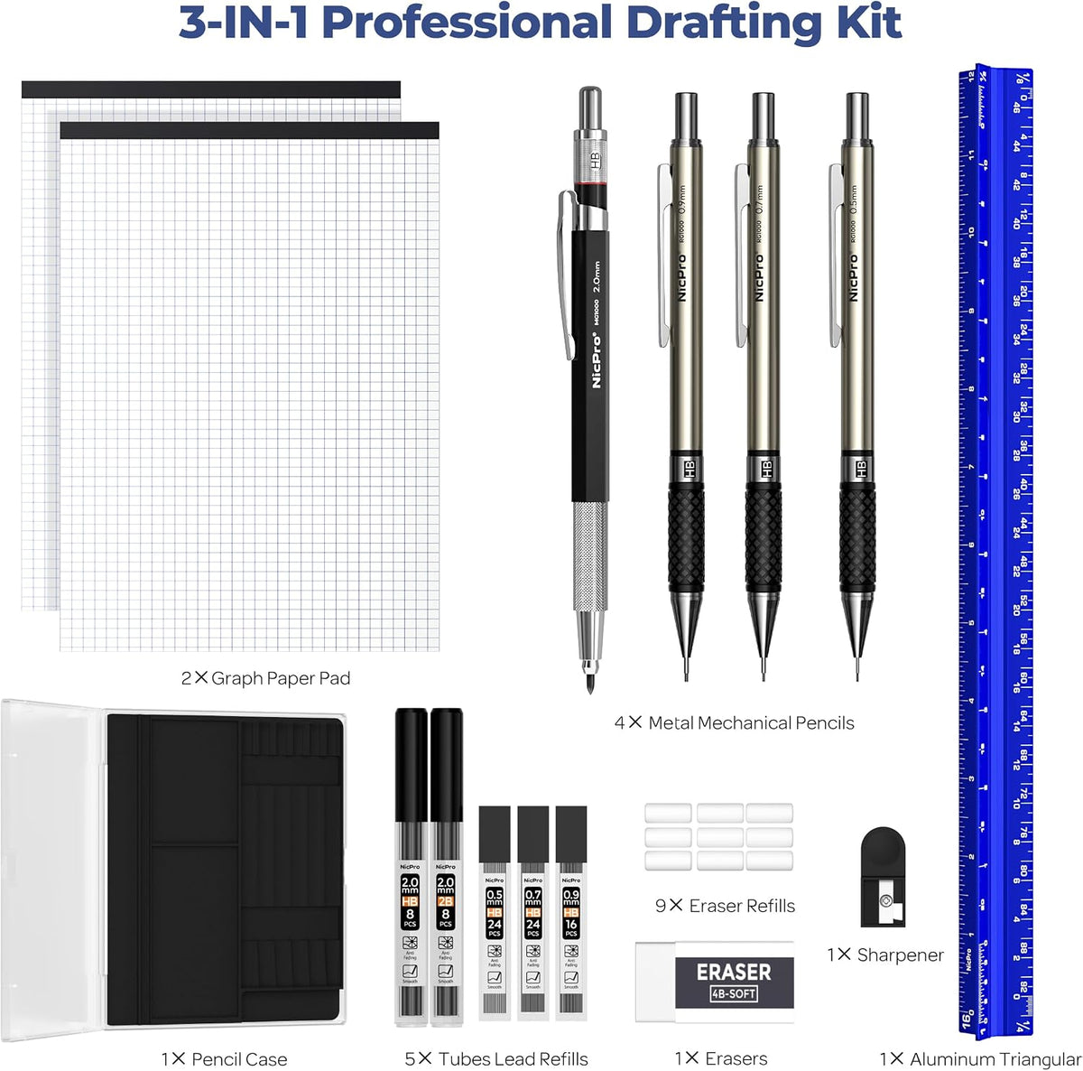 Nicpro 16PCS Drafting Tool Geometry Set with 12'' Architectural Scale Ruler