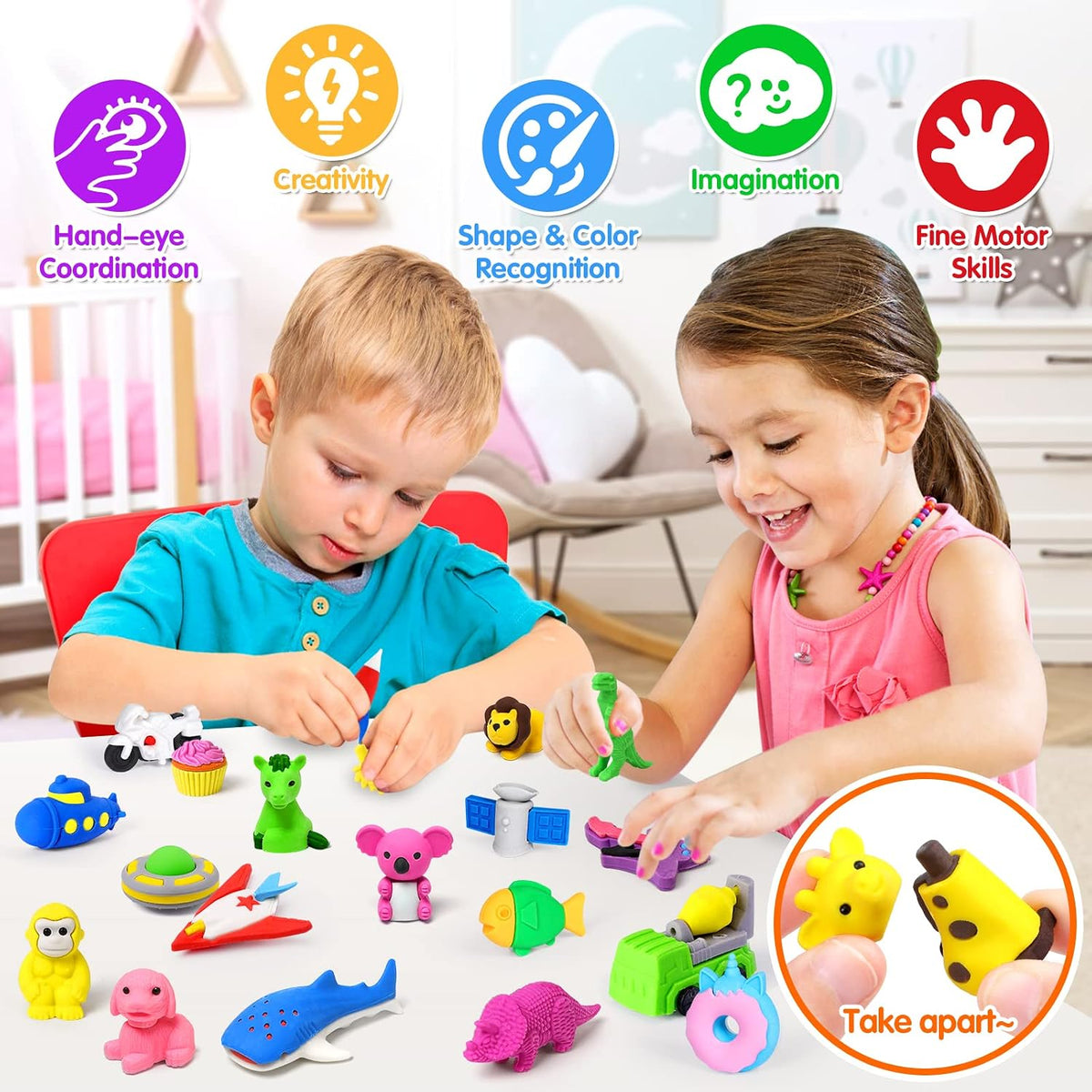 70Pcs Animal Pencil Erasers, Desk Pets for Treasure Chest, School Rewards