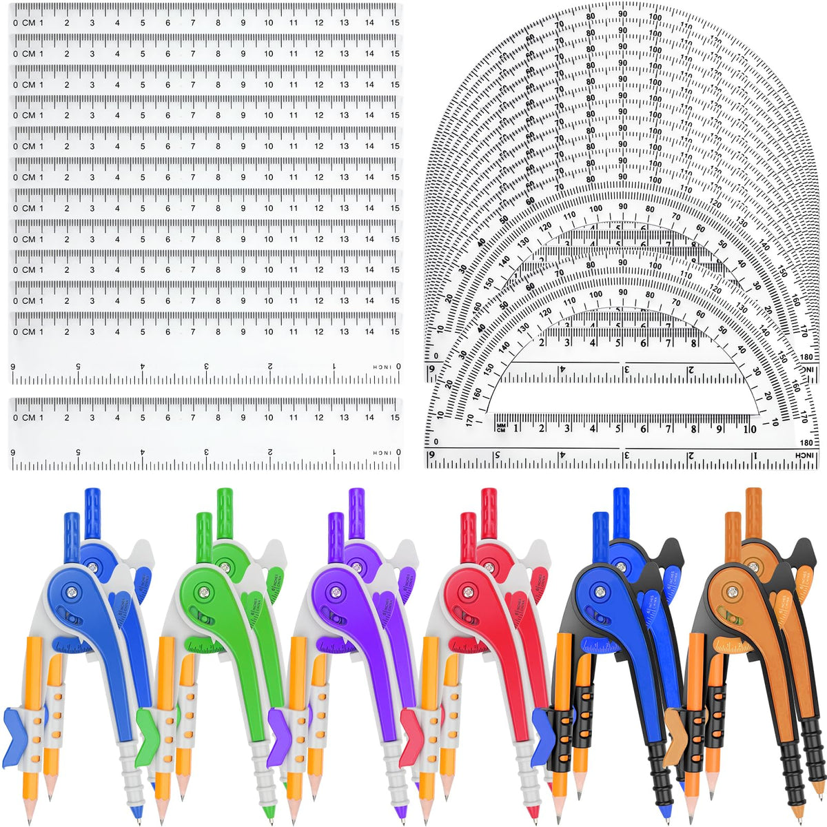 36 Pack Math Compass & Protractor Geometry Math Plastic Ruler Set Drawing Compass with Pencils 6 Inch Plastic Protractor for Geometry Bulk for Office Woodworking Art Drawing
