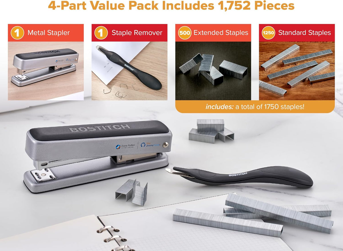 Bostitch Titan Heavy Duty Metal Stapler, 50 Sheet Capacity with 1250 Staples and Ergonomic Staple Remover, Jam Free Stapling, Full Strip Stapler for Desk, Office and Classroom, Silver