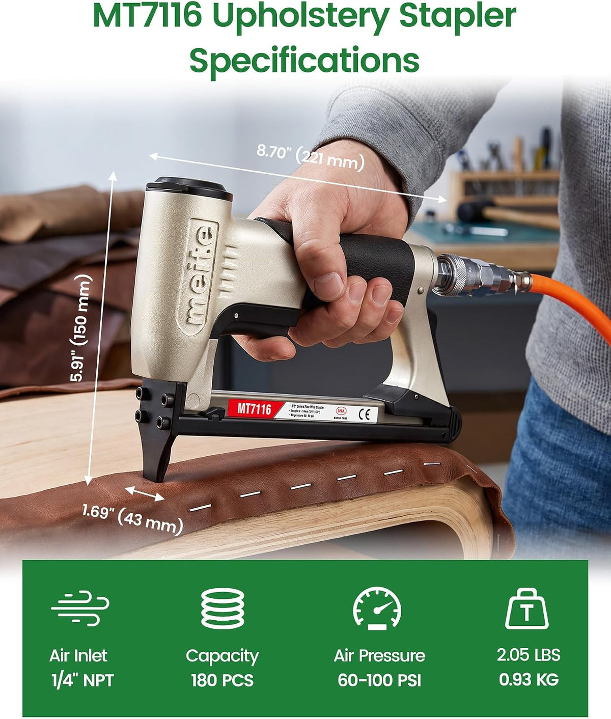 meite MT7116 Pneumatic Staple Gun, 22 Gauge 71 Series 3/8-Inch Crown 1/4-Inch to 5/8-Inch Length Air Upholstery Stapler Gun
