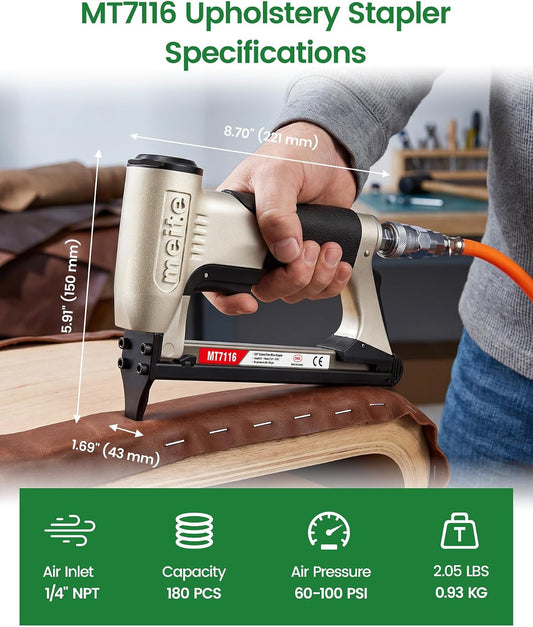 meite MT7116 Pneumatic Staple Gun, 22 Gauge 71 Series 3/8-Inch Crown 1/4-Inch to 5/8-Inch Length Air Upholstery Stapler Gun