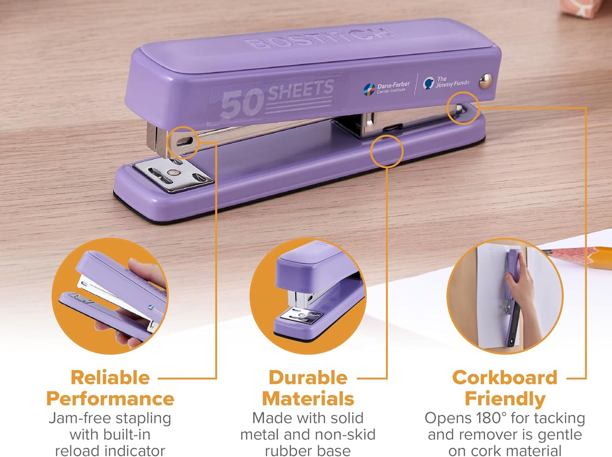Bostitch Titan Heavy Duty Metal Stapler, 50 Sheet Capacity with 1250 Staples and Ergonomic Staple Remover, Jam Free Stapling, Full Strip Stapler for Desk, Office and Classroom, Purple