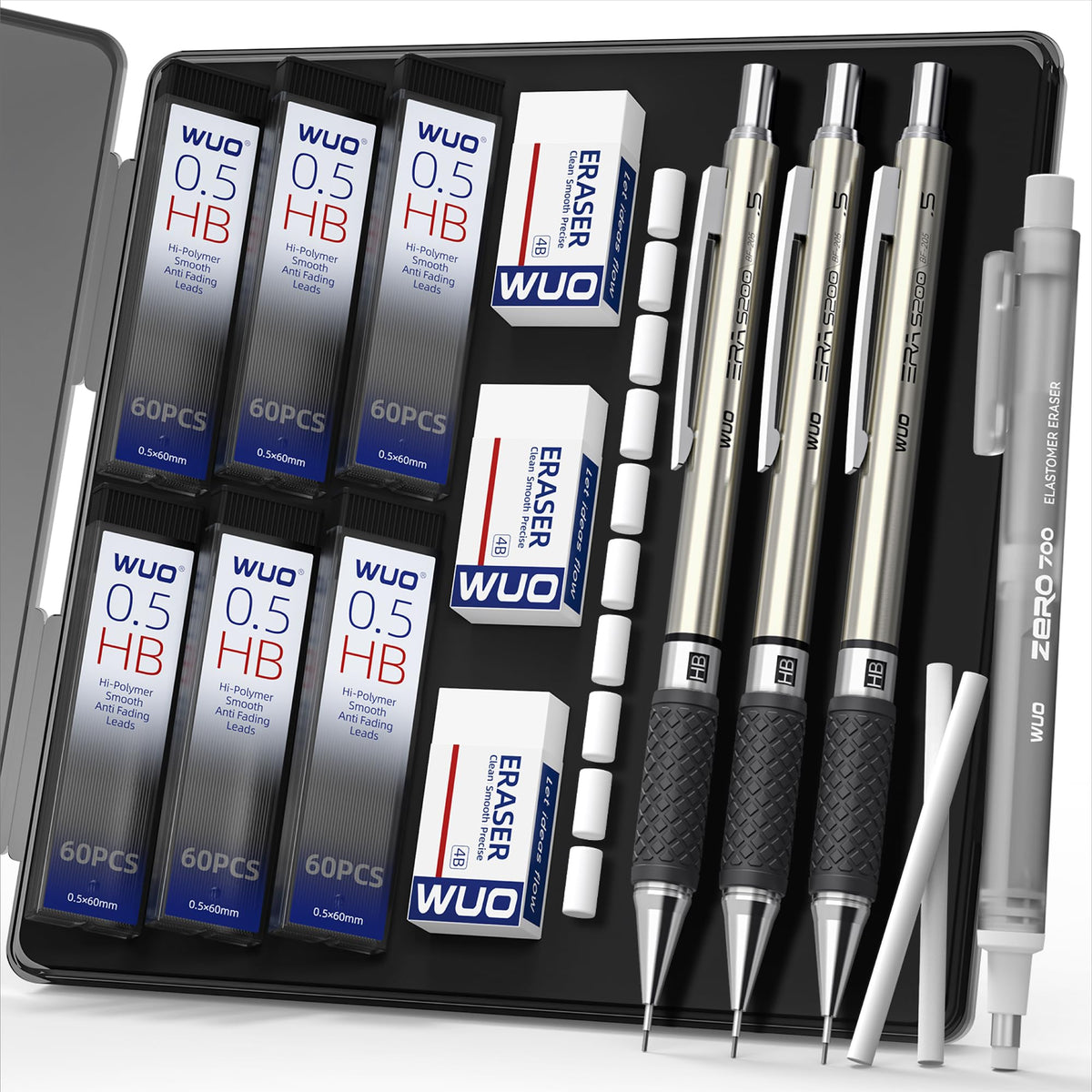 WUO 0.7 mm Mechanical Pencil Set with Eraser Pen Storage Case, 3 PCS