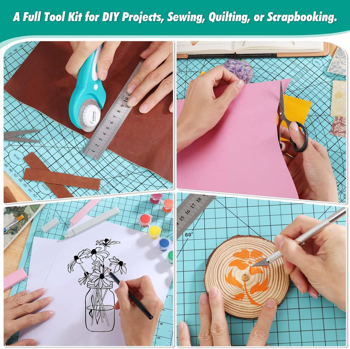 Rotary Cutting Mat and Tools Set, Audab 45mm Fabric Cropping Cutter Wheel with A3 Self Healing Sewing Mat, Blades, Quilting Ruler and Clips, Crafts Knife for Shirt Cloth Patchworking Scrapbooking