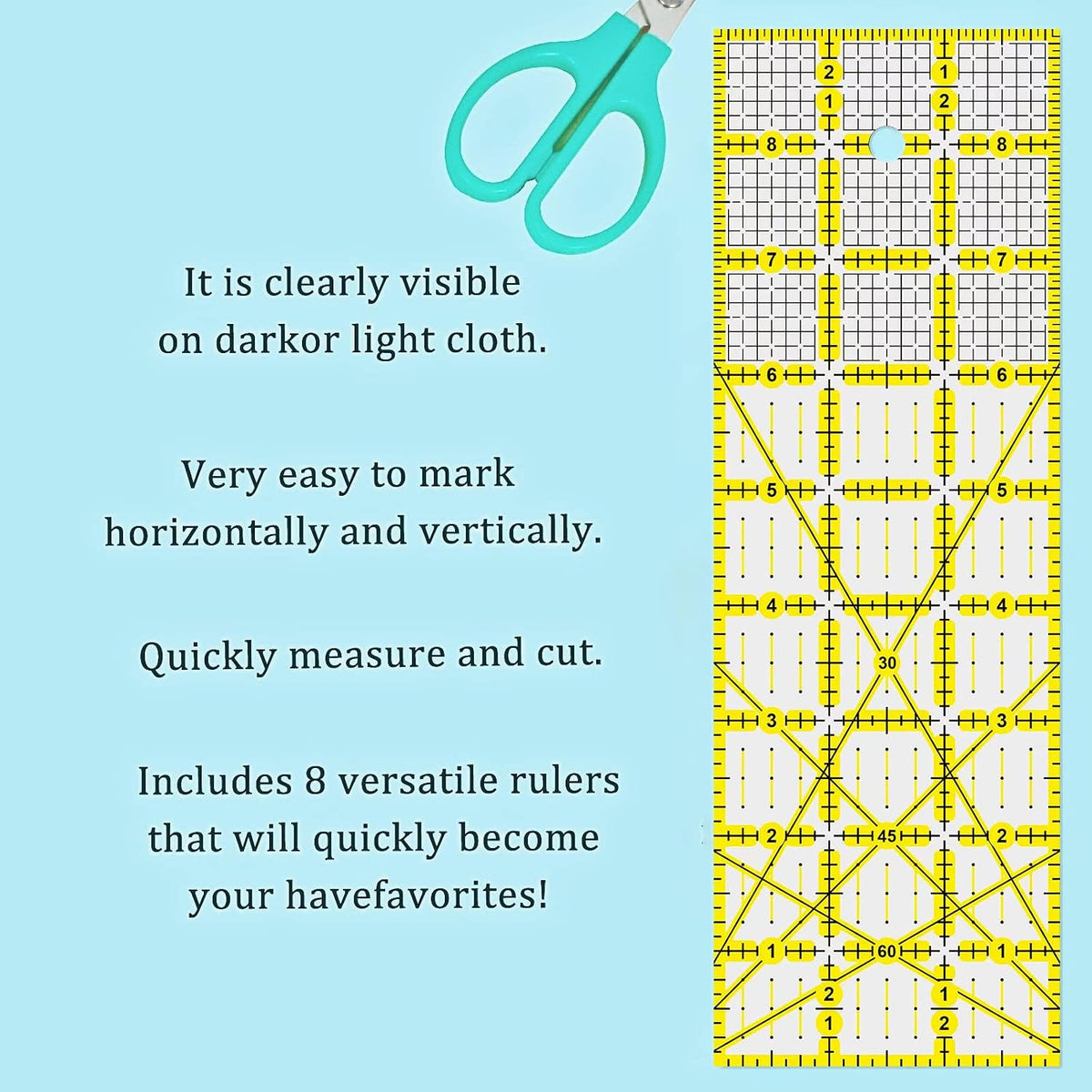 Quilting Rulers, 7 Piece Acrylic Ruler, Fabric Cutting Ruler (12.5"X12.5", 9.5"X9.5", 6"X6", 4.5"X4.5",12"x6.5",9"x3",12"x2"), Sewing & Quilting Templates