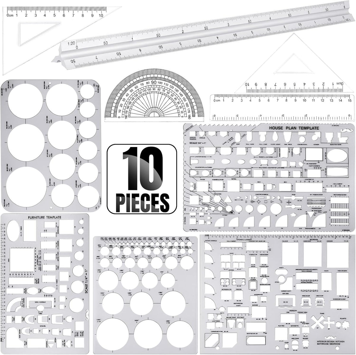 Zonon 10 Pcs Architect Scale & Geometric Drawing Template, Classic, Clear