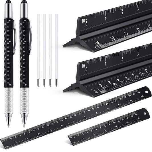 Weewooday 10 Pieces 12 Inch Architectural Scale Ruler Aluminum Triangular Engineering Ruler Scale with 6 in 1 Multitool Pen Ballpoint Pen for Architects, Draftsman, and Engineers