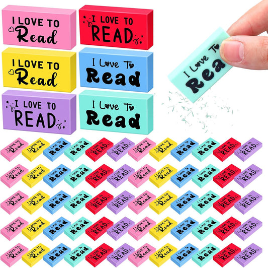 Dunzoom 300 Pcs Inspirational Erasers for Kids Back to School Gifts I Love to Read Small Colorful Pencil Erasers for Students Classroom Cute Motivational Gift for Drawing School Office Supplies