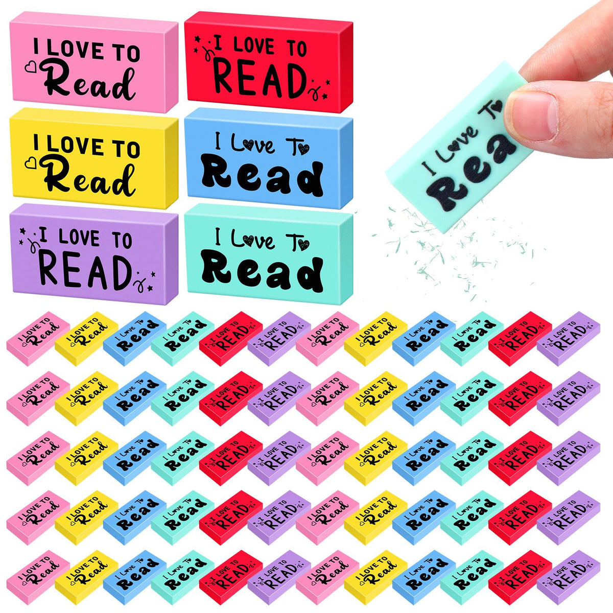 Dunzoom 300 Pcs Inspirational Erasers for Kids Back to School Gifts I Love to Read Small Colorful Pencil Erasers for Students Classroom Cute Motivational Gift for Drawing School Office Supplies