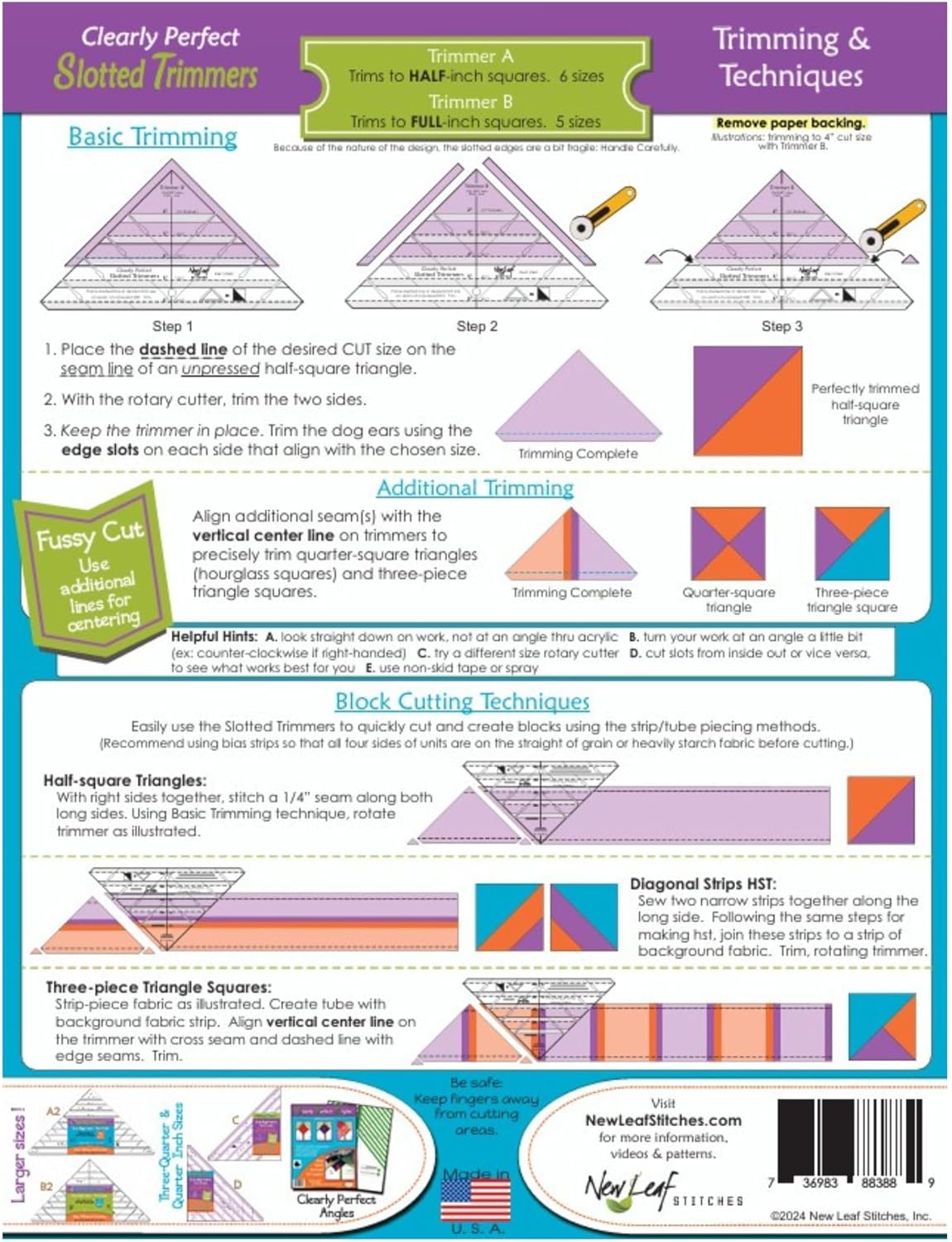 New Leaf Stitches Clearly Perfect Slotted Trimmer — Acrylic Quilting Ruler for Half Square Triangles & HST Cutting — Slotted Quilting Ruler for Strip Piecing, Block Construction & Accurate Trimming