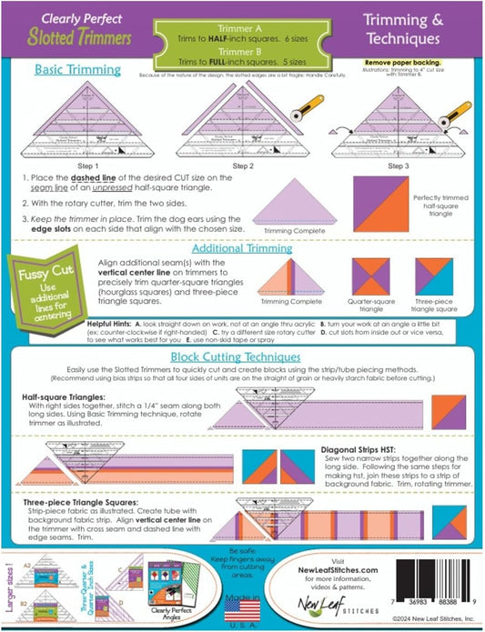 New Leaf Stitches Clearly Perfect Slotted Trimmer — Acrylic Quilting Ruler for Half Square Triangles & HST Cutting — Slotted Quilting Ruler for Strip Piecing, Block Construction & Accurate Trimming