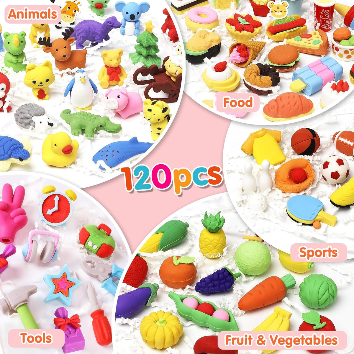 120 Pcs Animal Pencil Erasers, Desk Pets for Treasure Box, Classroom Prizes