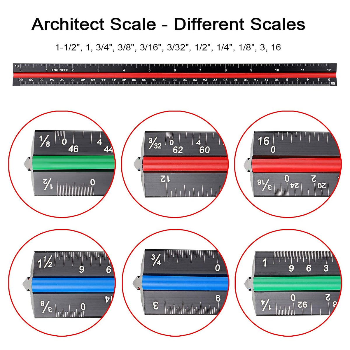 OwnMy 3 Pack 12 Inch Solid Aluminum Triangular Architect Scale Ruler Set
