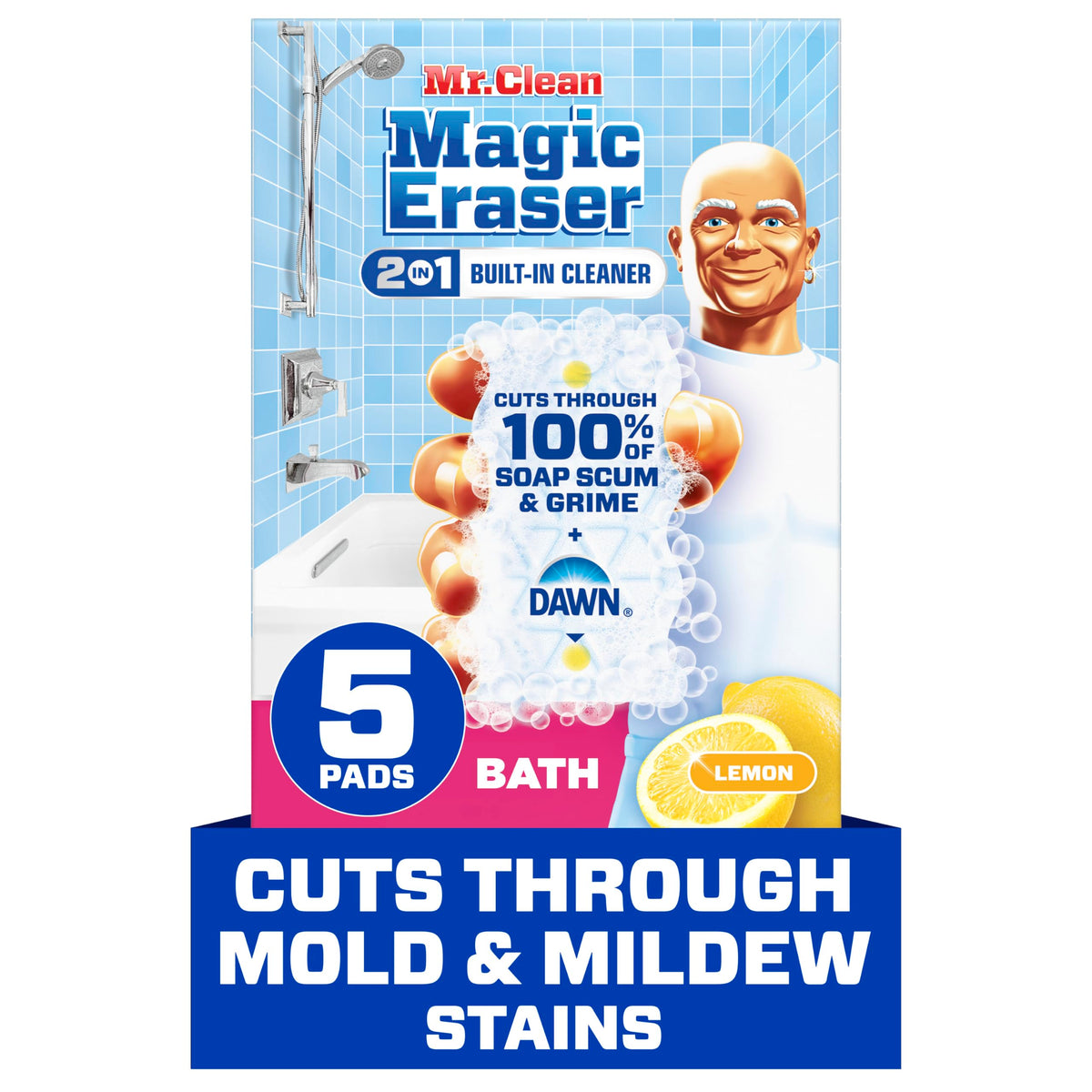 Mr. Clean Magic Eraser Sponge, Bathroom, Shower, Tub Cleaner, Soap Scum Remover, Bathroom Cleaning Supplies, Dawn Cleaning Power with Lemon Scent, Shower & Tub, 8ct