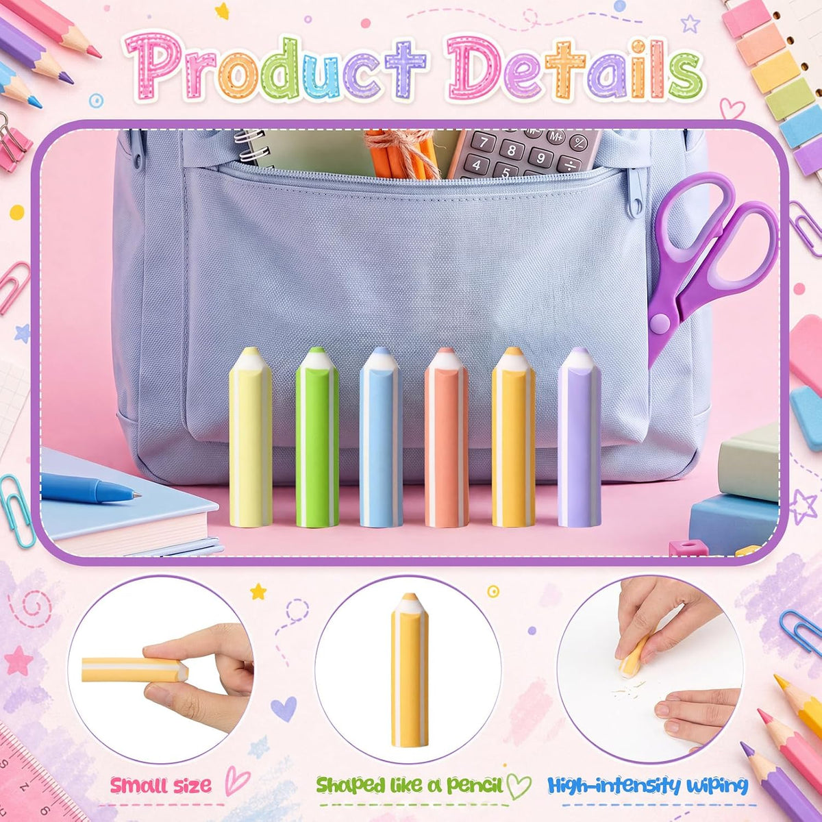 60 Pcs Pencil Shaped Erasers Bulk Classroom Back to School Gifts Colors Cute Pencil Erasers for Kids First Day of School Rewards Classroom Game Prizes Birthday Party Favors Supplies
