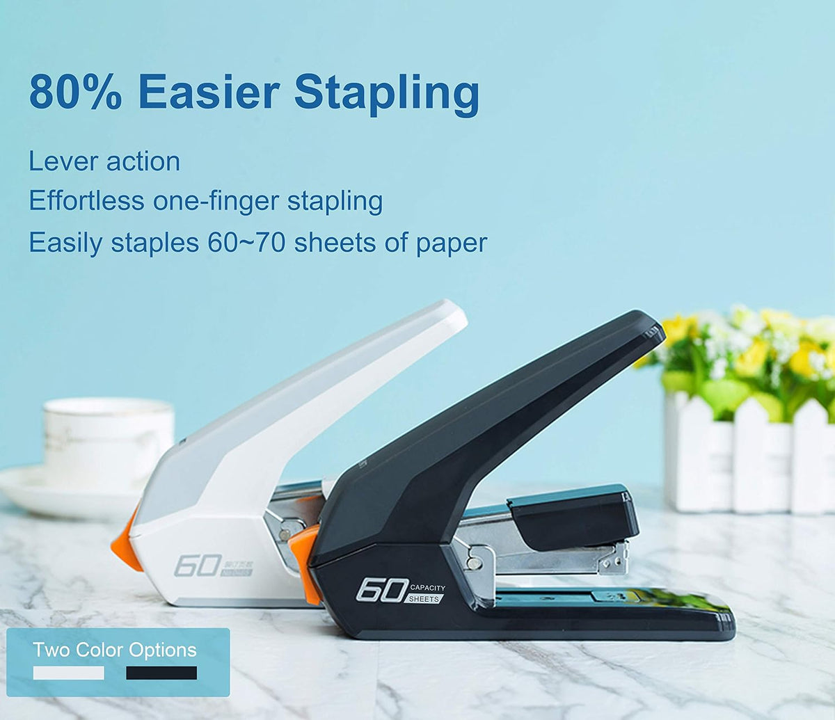Leven Effortless Heavy Duty Stapler, One Touch Stapling, Easy to Load Ergonomic Stapler, 60 Sheet Capacity, Includes 2000 Staples and Staple Remover for Desktop