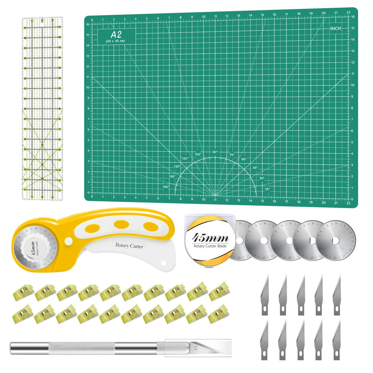 Headley Tools Rotary Cutter Set - 45mm Fabric Cutter, 5 Extra Rotary Blades, A3 Cutting Mat, Quilting Ruler and Sewing Clips, Craft Knife Set, Ideal for Crafting, Sewing, Patchworking, Purple