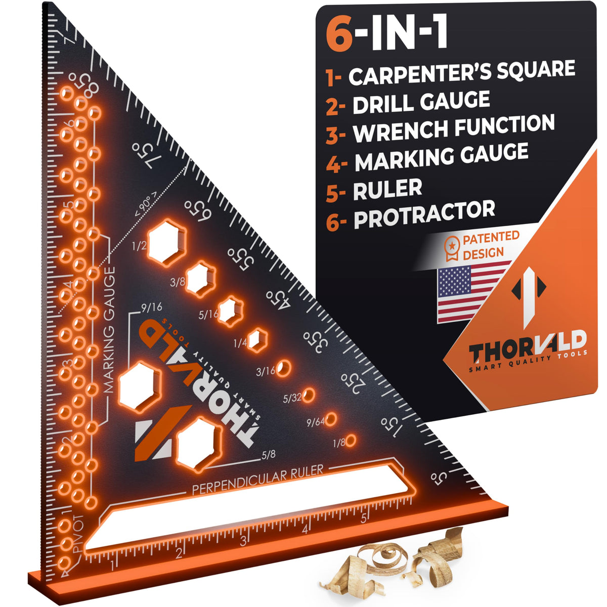 THORVALD 6-in-1 Carpenter Square 7 inch (1/16" Precision) T Square Multi-Purpose Carpenter Tools : Wrench, Square, Protractor, Ruler, Marking Gauge, Drill Gauge, Includes 2-in-1 Carpentry Pencil