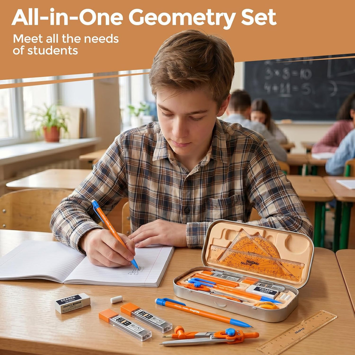 Nicpro 17 PCS Geometry Set, Protractor and Compass Set for School Students