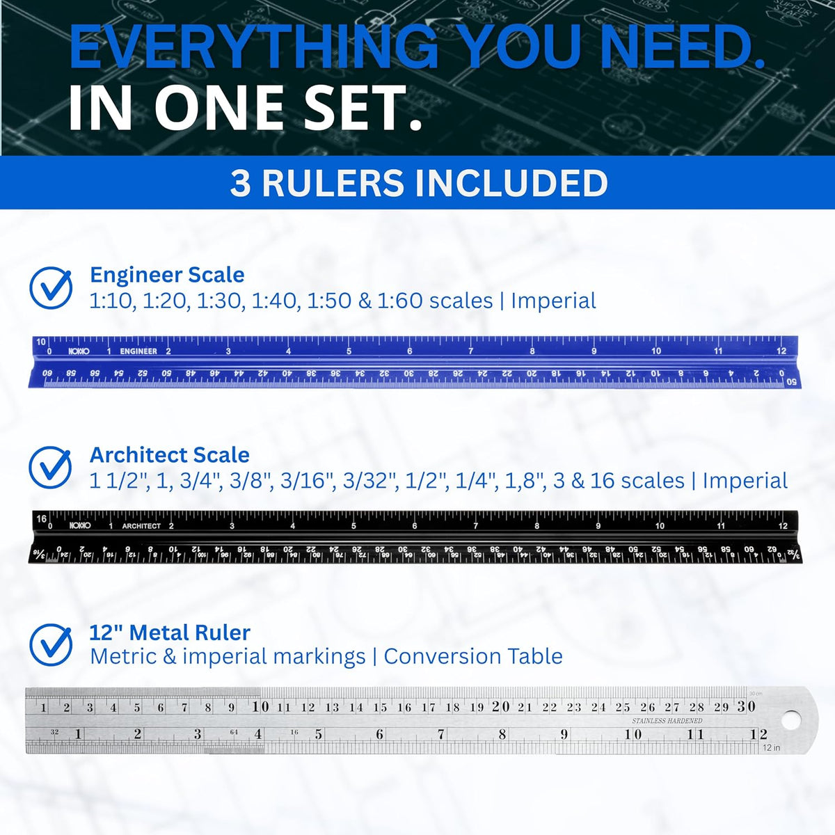 Architectural Scale Ruler and Engineering Scale Ruler Set, 12-Inch, 3-Piece