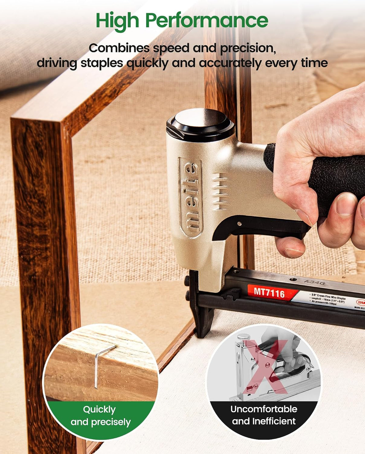 meite MT7116 Pneumatic Staple Gun, 22 Gauge 71 Series 3/8-Inch Crown 1/4-Inch to 5/8-Inch Length Air Upholstery Stapler Gun